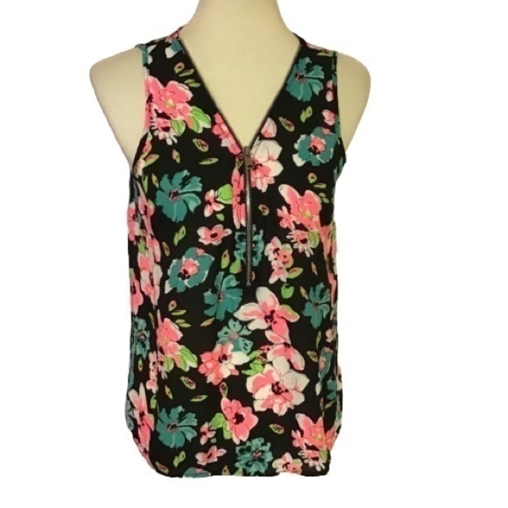 Bright neon floral zip down top